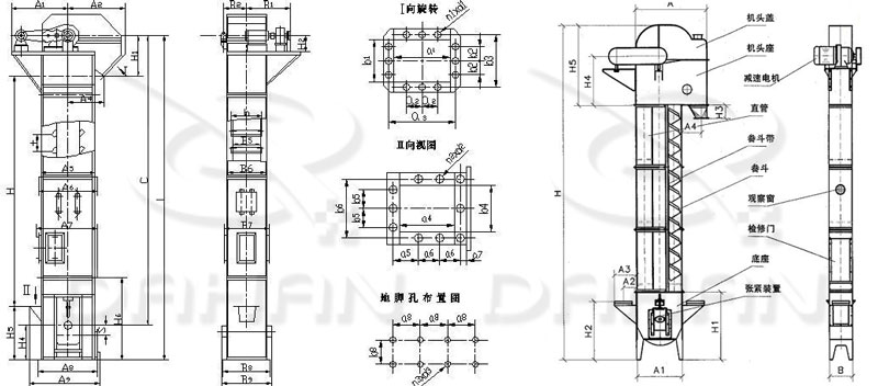 TD/D型斗式提升機基本結(jié)構(gòu):機頭蓋，機頭座，減速電機，直管，底座，緊張裝置等。