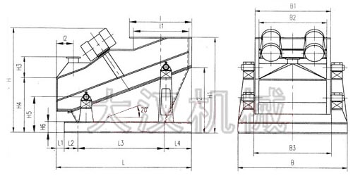 ZSG礦用振動(dòng)篩外形示意圖：B為礦用振動(dòng)篩寬度，L為礦用振動(dòng)篩長(zhǎng)度。H為礦用振動(dòng)篩高度等。