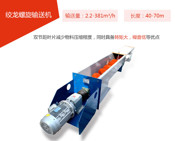 絞龍螺旋輸送機(jī)輸送量：2.2-381m3/h 長(zhǎng)度：40-70m 雙節(jié)距葉片減少物料壓縮程度，同時(shí)具備轉(zhuǎn)矩大，噪音低等優(yōu)點(diǎn)。